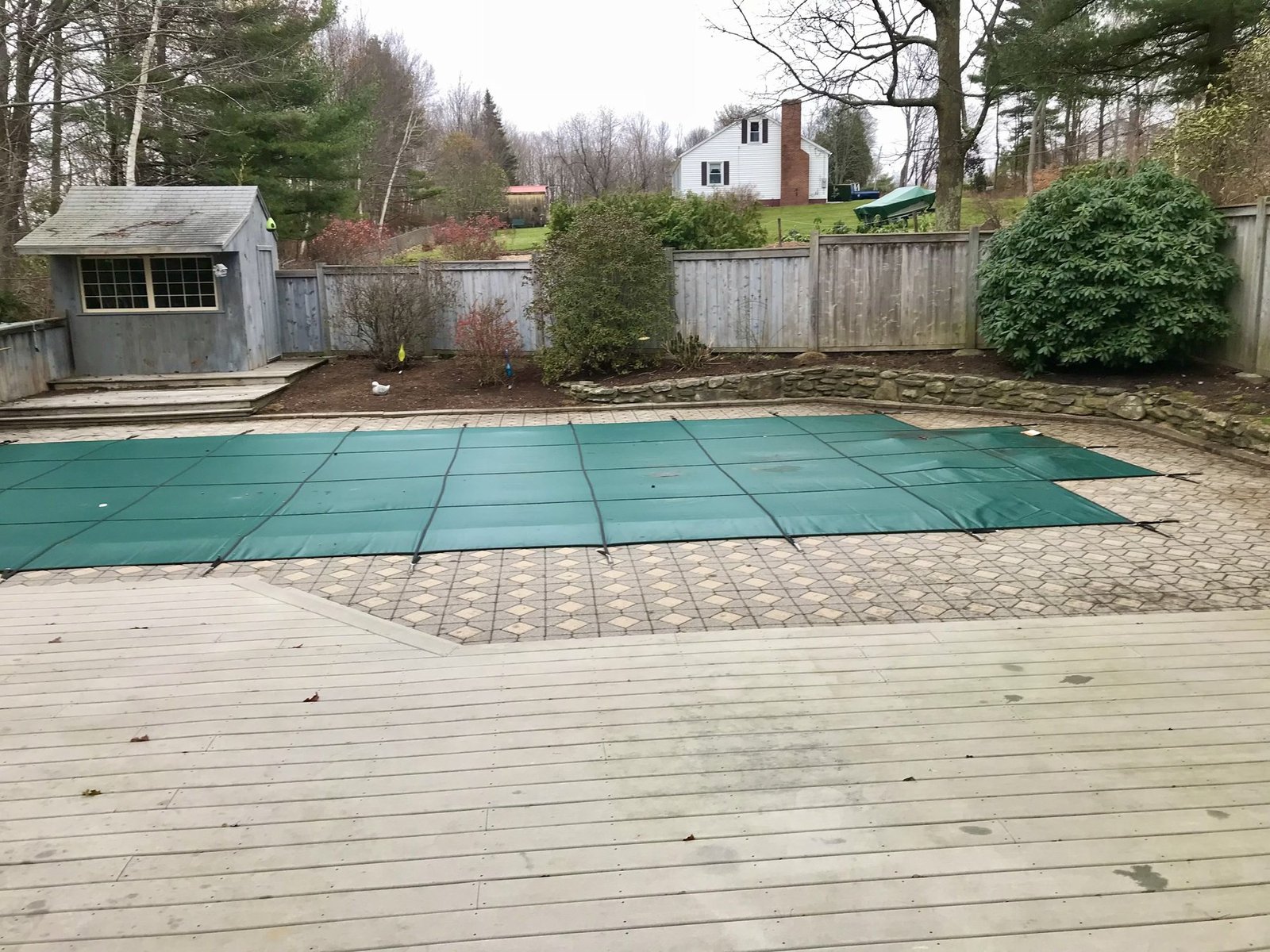 The same pool deck swept clean with the surrounding beds cleared and edged